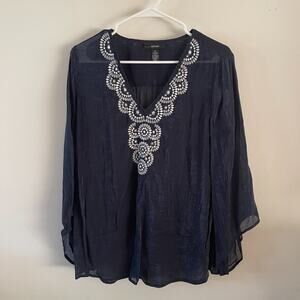 Alfani Blue Womens Embroidered Sheer Blouse Size 12 Silver Thread Top No Cami
